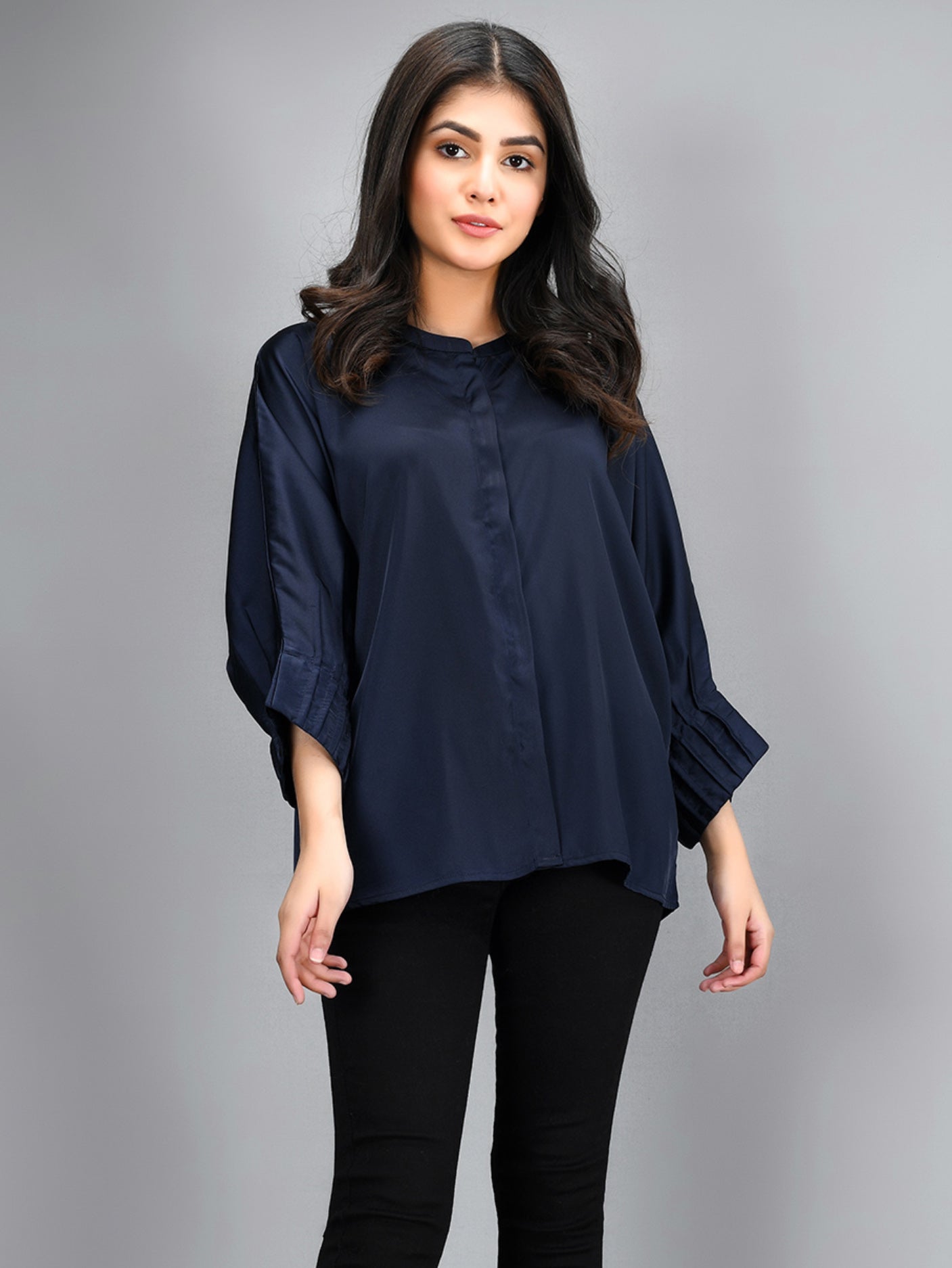 Pleated Silk Top - Navy Blue