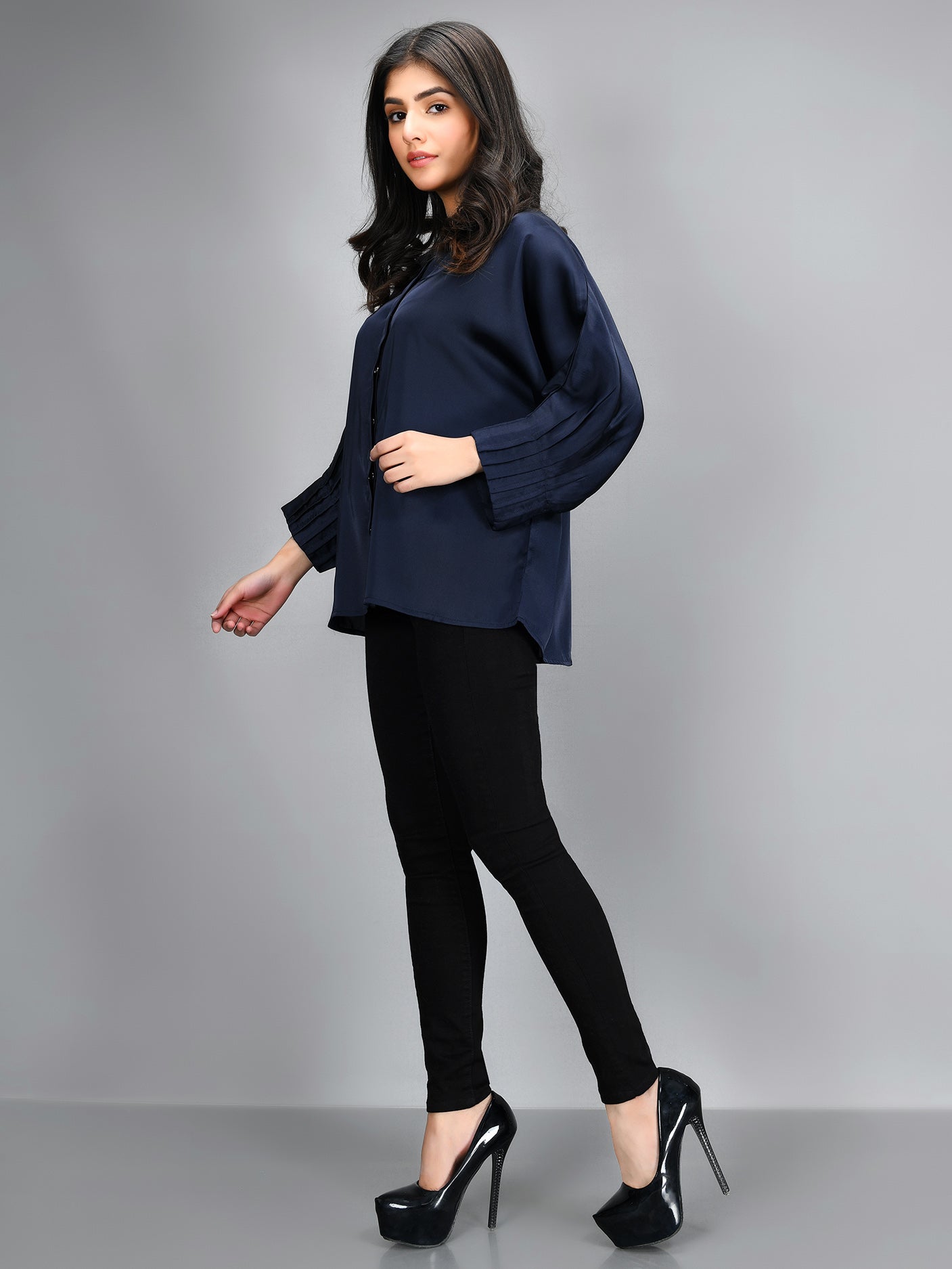 Pleated Silk Top - Navy Blue