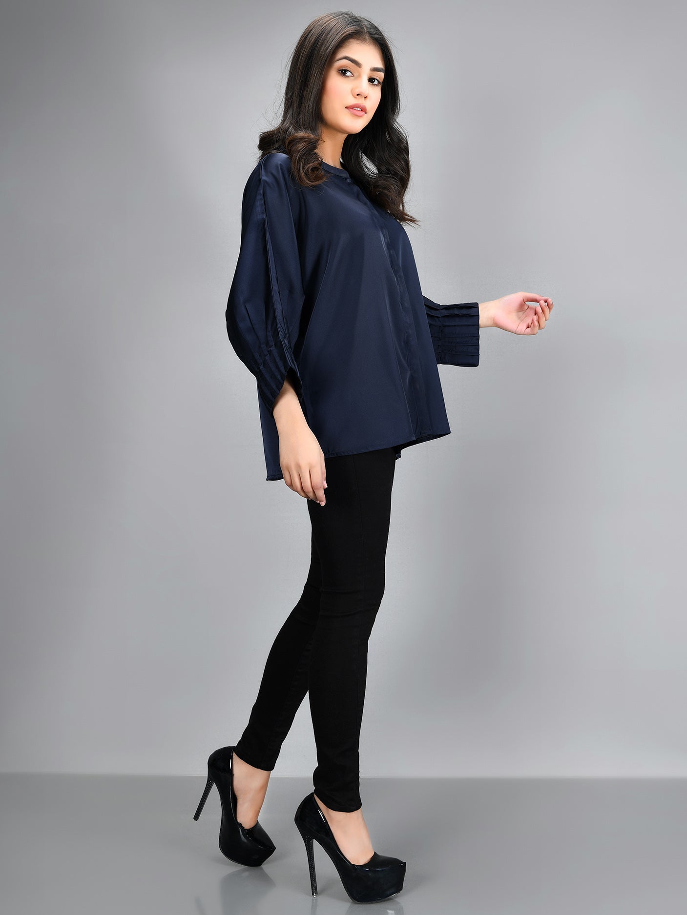 Pleated Silk Top - Navy Blue