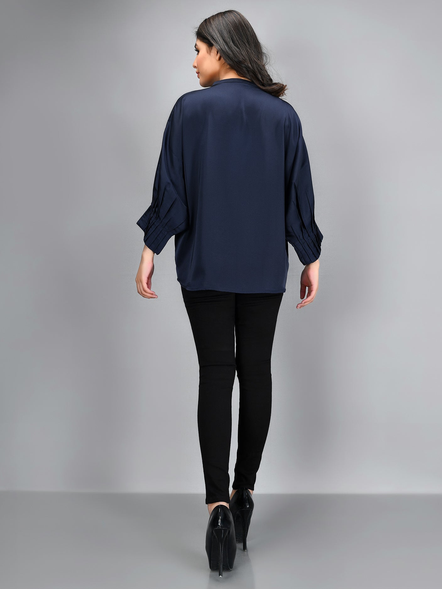 Pleated Silk Top - Navy Blue