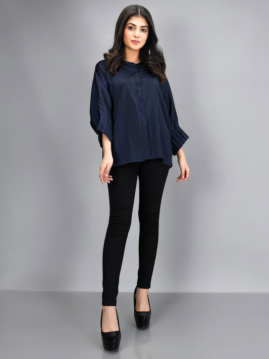 Pleated Silk Top - Navy Blue